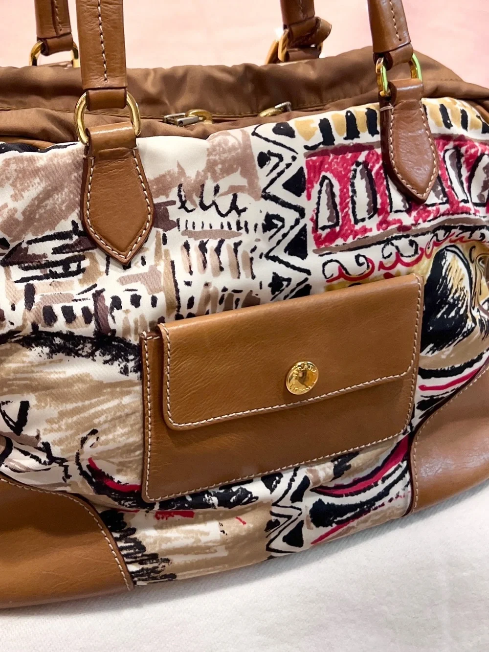 PRADA⭐️Bauletto! Multicolor Shoulder Bag with Brown Leather Trim. Offers!❤️